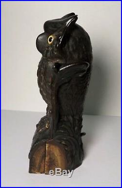 Antique 1880's J. E. Stevens Cast Iron Mechanical Owl on Stump Bank