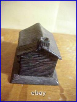 Antique 1882 CAST IRON LOG CABIN Still Penny BANK with Slot Under Roof