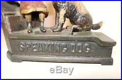 Antique 1885 original SPEAKING DOG figural lady cast iron MECHANICAL coin BANK
