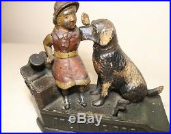 Antique 1885 original SPEAKING DOG figural lady cast iron MECHANICAL coin BANK