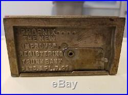 Antique 1891 Phoenix Saratoga Trunk Registering Dime Bank Cast Iron 5w x 3.5