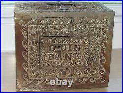 Antique 1905 J & E Stevens Cast Iron Coin Bank Box NO KEY