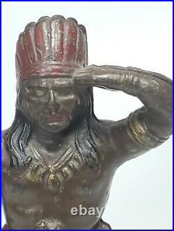 Antique 1915s Hubley Indian with Tomahawk Cast Iron Coin Still Bank 6in Tall
