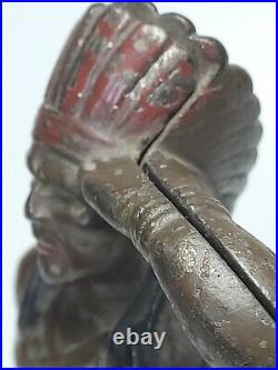 Antique 1915s Hubley Indian with Tomahawk Cast Iron Coin Still Bank 6in Tall