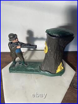 Antique 1950s ReproductionCast Iron Coin Bank Hunter With Bear In TreeWORKING