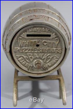 Antique 19thC Nickel Cast Iron, White City Puzzle Savings Barrel of Money Bank