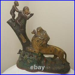 Antique 19thC Painted Cast Iron Kyser & Rex Mechanical Bank Lion & 2 Monkeys