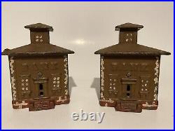 Antique 19th Century Cast Iron Bank Building House by J and E Stevens Set of 2