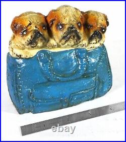 Antique 3 Bulldogs in Satchel Cast Iron Bank Original paint (Circa 1920's)