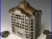 Antique AC Williams Cast Iron Gold Domed Building Still Penny Bank #1183, c. 1920