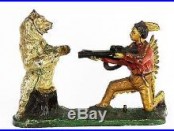 Antique All Original Cast Iron Indian Shooting White Bear Mechanical Bank