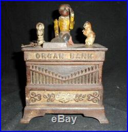 Antique American Cast Iron Mechanical Bank (Organ Bank) Original Paint Finish