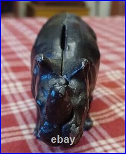 Antique Black Cast Iron Arcade Rhino Still Penny Bank