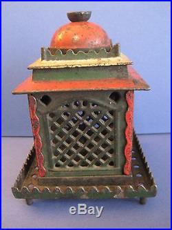 Antique CAST IRON MECHANICAL COIN BANK BUILDING with GUARD Stevens