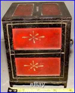 Antique COLUMBIA CAST IRON STILL BANK PENNY SAFE Stenciled Red Panels withKey NR