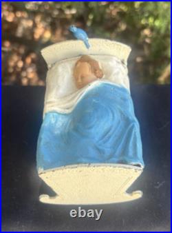 Antique C 1920s Original Paint Stevens Cast Iron Sleeping Baby Still Coin Bank Antique C 1920s Original Paint Stevens Cast Iron Sleeping Baby Still Coin Bank