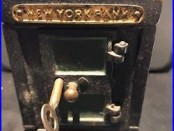 Antique Cast Iron And Metal New York Safe Bank With Key Coin Stiill Bank