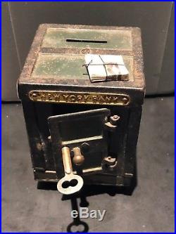 Antique Cast Iron And Metal New York Safe Bank With Key Coin Stiill Bank