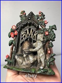 Antique Cast Iron Bank Bears Stealing Honey Sydeham & McOustra Cold Paint Rare