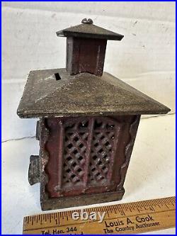 Antique Cast Iron Bank Red Building Windows Stairs & Cupola by J&E Stevens 1875