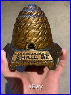 Antique Cast Iron Beehive Money Box / Coin Bank INDUSTRY SHALL BE REWARDED c1897