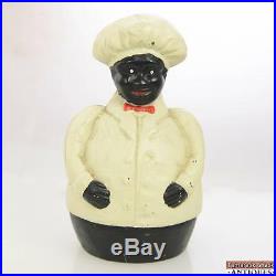 Antique Cast Iron Black Americana Jolly Chef Coin Bank Cook Baker Red Bowtie