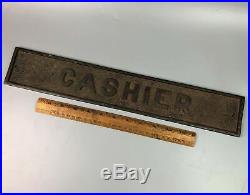 Antique Cast Iron Bronze Plated Bank CASHIER Sign Plaque 18x3