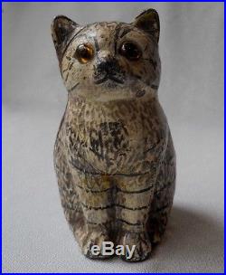 Antique Cast Iron Cat Bank with Stripes and Glass Eyes 1930's