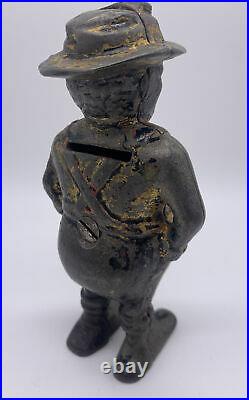 Antique Cast Iron Coin Bank Standing Man With Hat Suspenders Original Paint