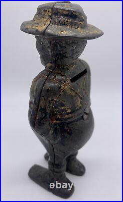 Antique Cast Iron Coin Bank Standing Man With Hat Suspenders Original Paint