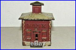 Antique Cast Iron Hand Painted Red & White Bank Building Still Bank