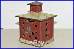 Antique Cast Iron Hand Painted Red & White Bank Building Still Bank