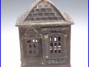 Antique Cast Iron Home Savings Bank, Dog Finial Cast Iron Penny Bank, C. 1891
