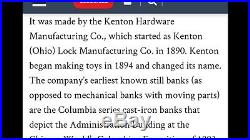 Antique Cast Iron Kenton Hardware COLUMBIA Still Bank 1893
