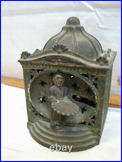 Antique Cast Iron Liliput Mechanical Bank Man Tray 1878 Patent Dime Hall Stevens