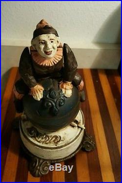 Antique Cast Iron Mechanical Bank Clown On A Globe