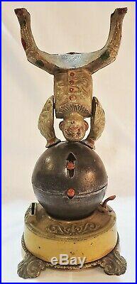 Antique Cast Iron Mechanical Bank Clown on Globe J. E. Stevens Spins & Handstands