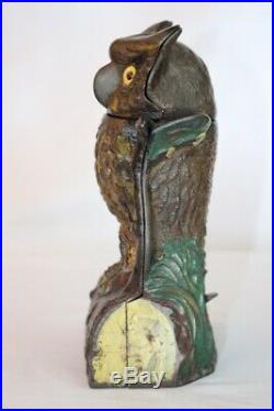 Antique Cast Iron Mechanical Bank J & E STEVENS OWL TURNS HEAD C. 1881