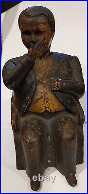 Antique Cast Iron Mechanical Bank Man Sitting Movable Hand As Is 1818 or 1918