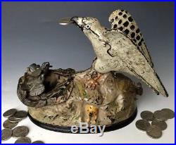 Antique Cast Iron Mechanical Penny Bank Eagle & Eaglets, J&E Stevens, Patd 1883