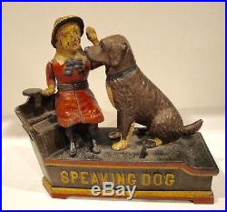 Antique Cast Iron Mechanical Speaking Dog Bank Pat. July 14 1885
