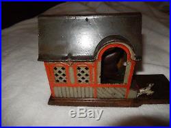 Antique Cast Iron Mule Enters Green Barn Mechanical Bank by J & E Stevens 1880