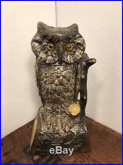 Antique Cast Iron Owl Turns Head Mechanical Bank by J & E Stevens Cir. 1881