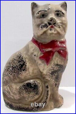 Antique Cast Iron Painted Sitting Cat Still Bank Hubley Red Bow Grey White 4.4