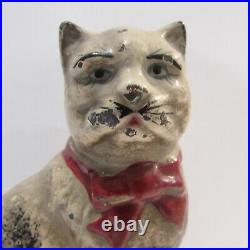 Antique Cast Iron Painted Sitting Cat Still Bank Hubley Red Bow Grey White 4.4