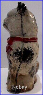 Antique Cast Iron Painted Sitting Cat Still Bank Hubley Red Bow Grey White 4.4