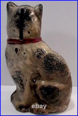 Antique Cast Iron Painted Sitting Cat Still Bank Hubley Red Bow Grey White 4.4