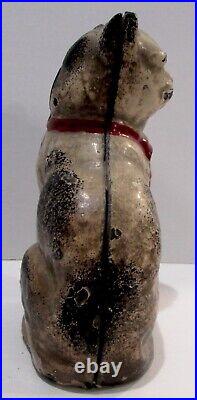 Antique Cast Iron Painted Sitting Cat Still Bank Hubley Red Bow Grey White 4.4