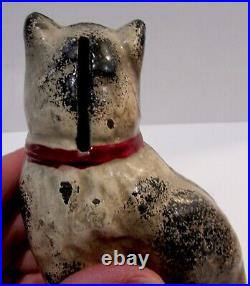 Antique Cast Iron Painted Sitting Cat Still Bank Hubley Red Bow Grey White 4.4