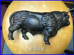 Antique Cast Iron Polled Bull Cow Ox Bank Doorstop Heavy 7.1 Lbs 11 L Disbudded